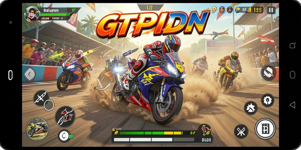 Screenshot utama GTPIDN menampilkan aksi balapan motor yang intens.