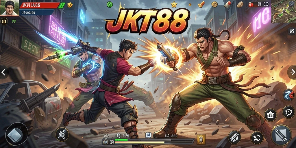 Screenshot gameplay JKT88 menampilkan aksi mendebarkan dari karakter yang bertarung.