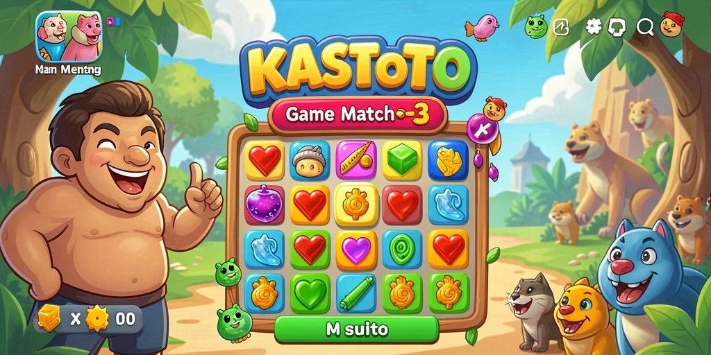 Tampilan gameplay KASTOTO dengan elemen Match-3 yang penuh warna.