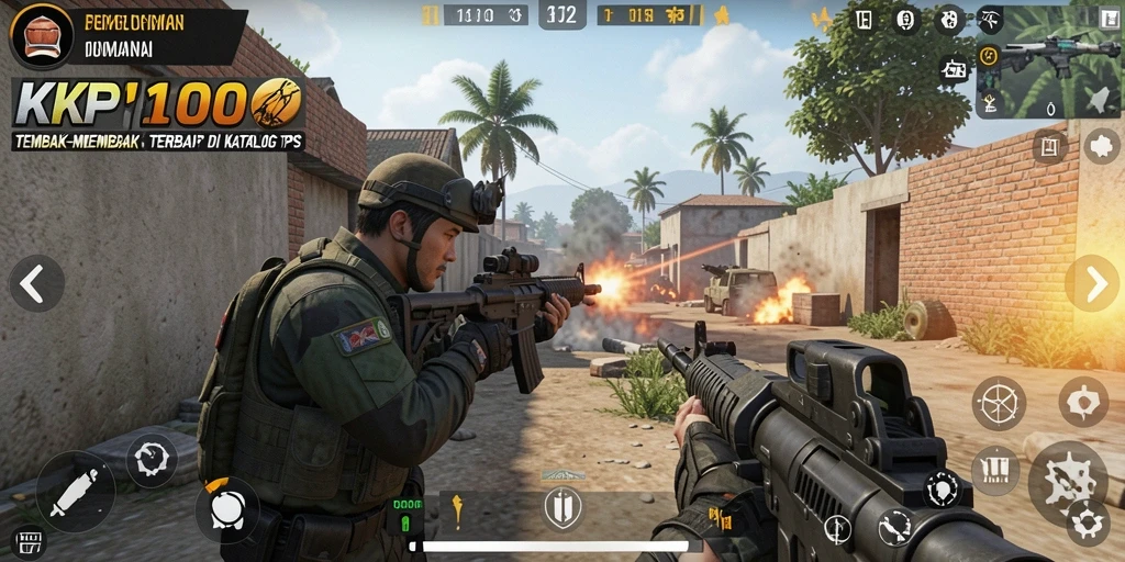 Screenshot gameplay KPK100 yang menunjukkan aksi tembak menembak intens.