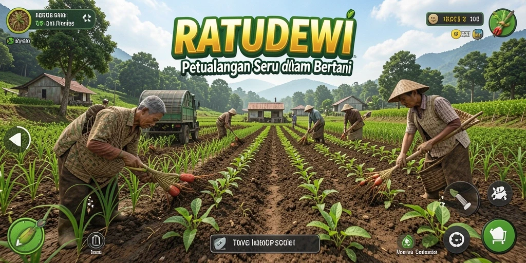 Screenshot gameplay <strong>RATUDEWI</strong> menampilkan petani merawat lahan pertanian.