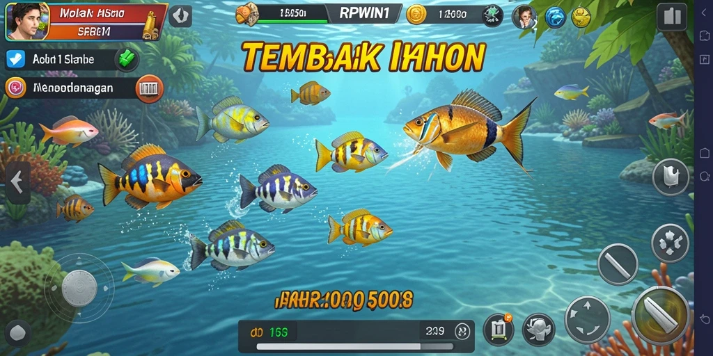 Tampilan gameplay RPWIN1 dengan aksi menembak ikan yang menegangkan.