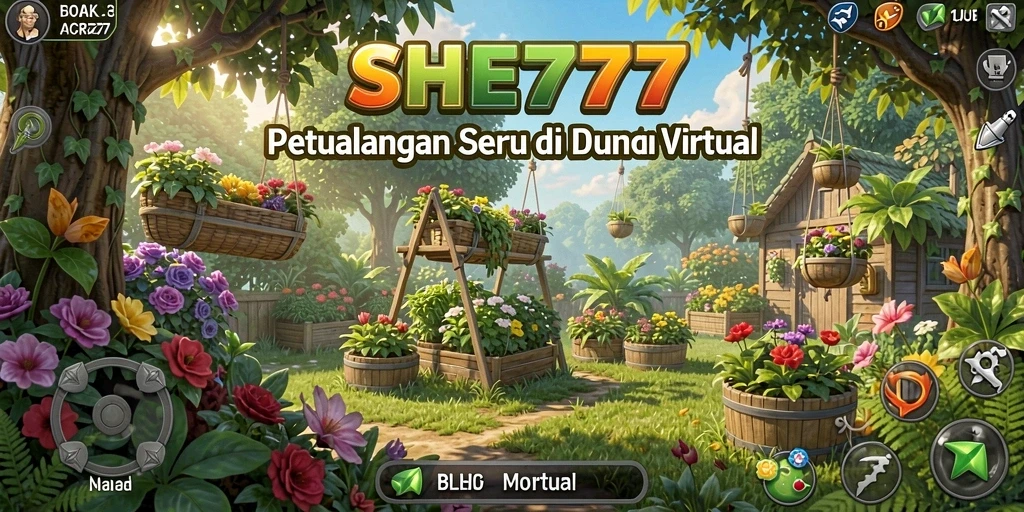 Screenshot tampilan gameplay SHE777 yang menampilkan kebun yang indah dan tanaman subur.