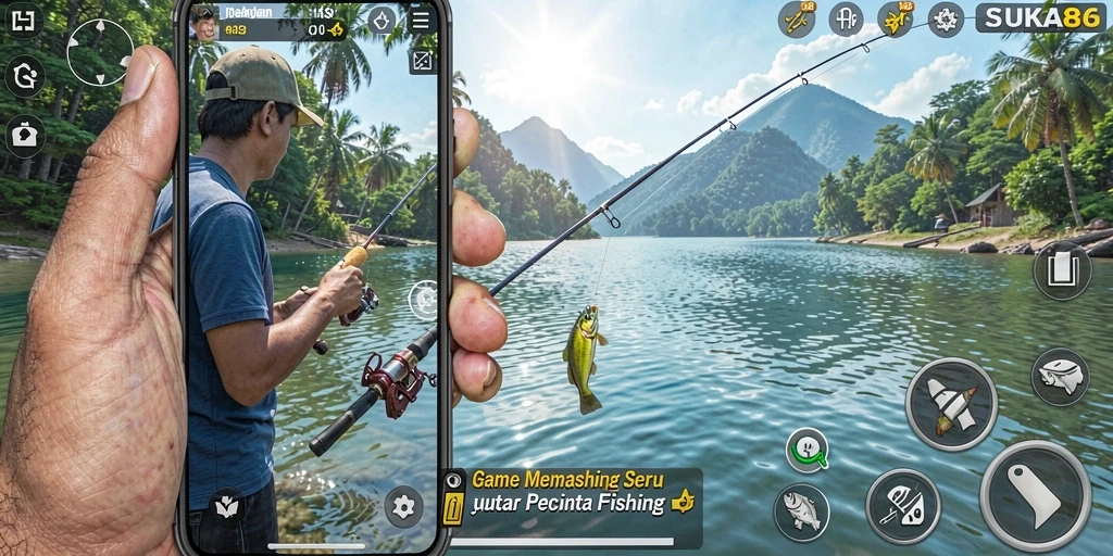 Tampilan gameplay memancing seru di SUKA86 dengan berbagai ikan.