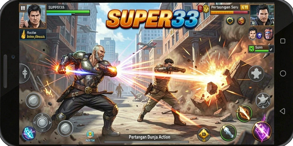 Tampilan screenshot SUPER33 menampilkan aksi bertarung penuh semangat.