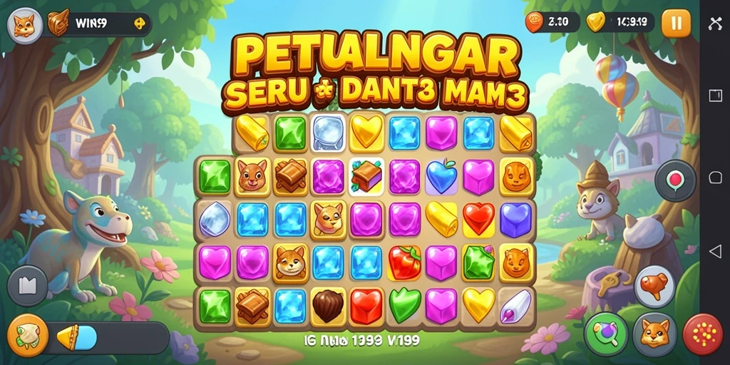 Screenshot utama WIN199 menampilkan gameplay Match-3 yang dinamis dan penuh warna.